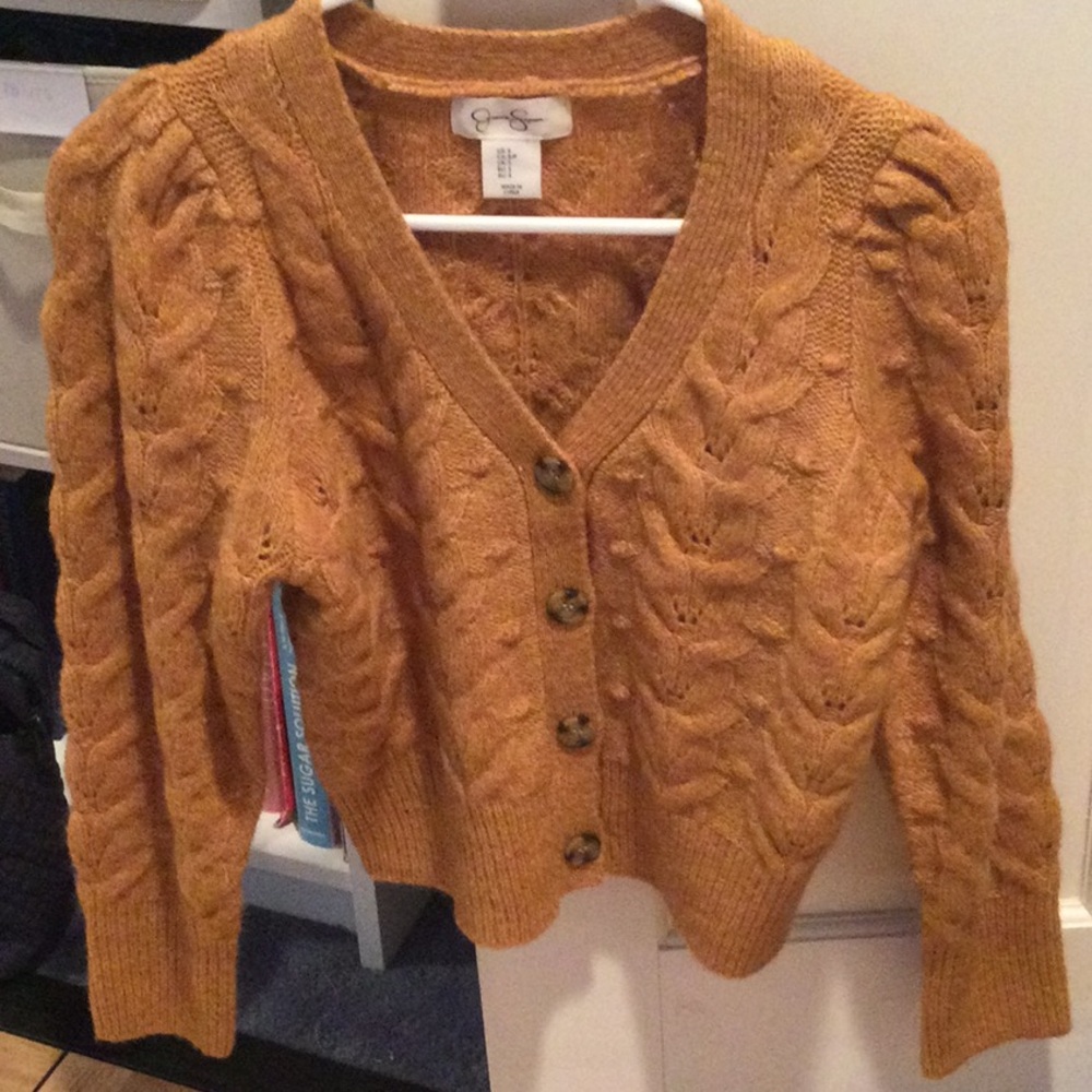 Jessica Simpson Mustard chestnut Cable Knit cardigan Sweater.size small.